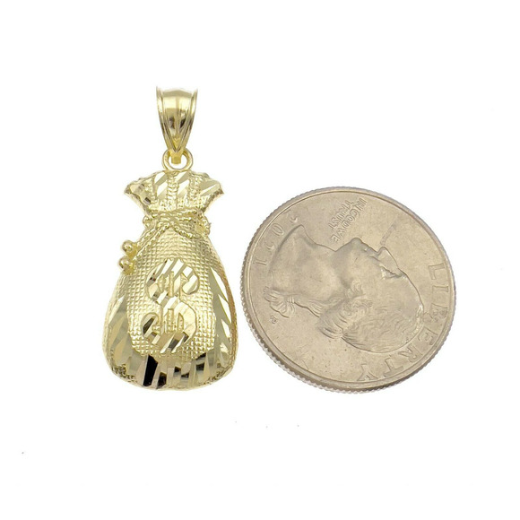 Money Bag Pendant 10k Yellow Gold Dollar Sign Charm 1.4" - Picture 4 of 4